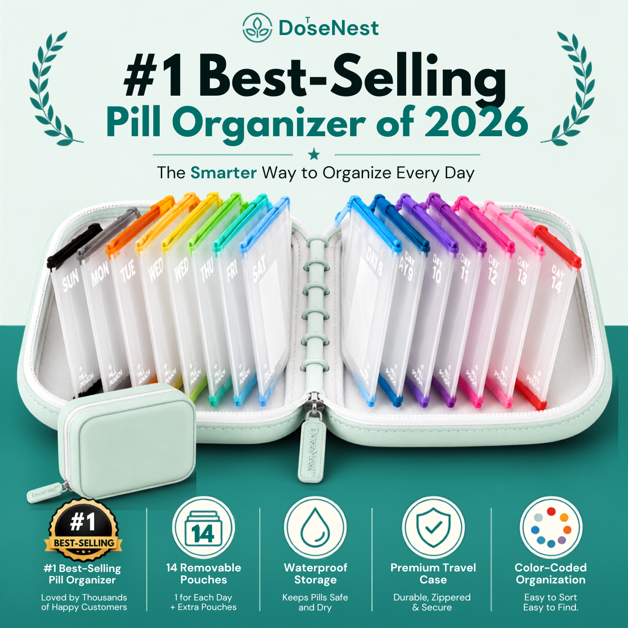 DoseNest waterproof weekly pill organizer